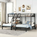 Metal Twin Over Twin & Twin Bunk Bed, Triple Bunk Bed With Storage Shelves Staircase, Black Twin Black Metal & Wood