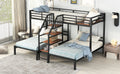 Metal Twin Over Twin & Twin Bunk Bed, Triple Bunk Bed With Storage Shelves Staircase, Black Twin Black Metal & Wood