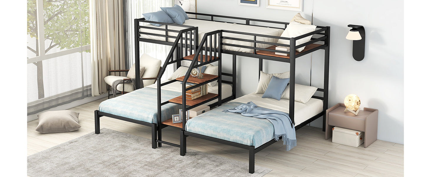 Metal Twin Over Twin & Twin Bunk Bed, Triple Bunk Bed With Storage Shelves Staircase, Black Twin Black Metal & Wood