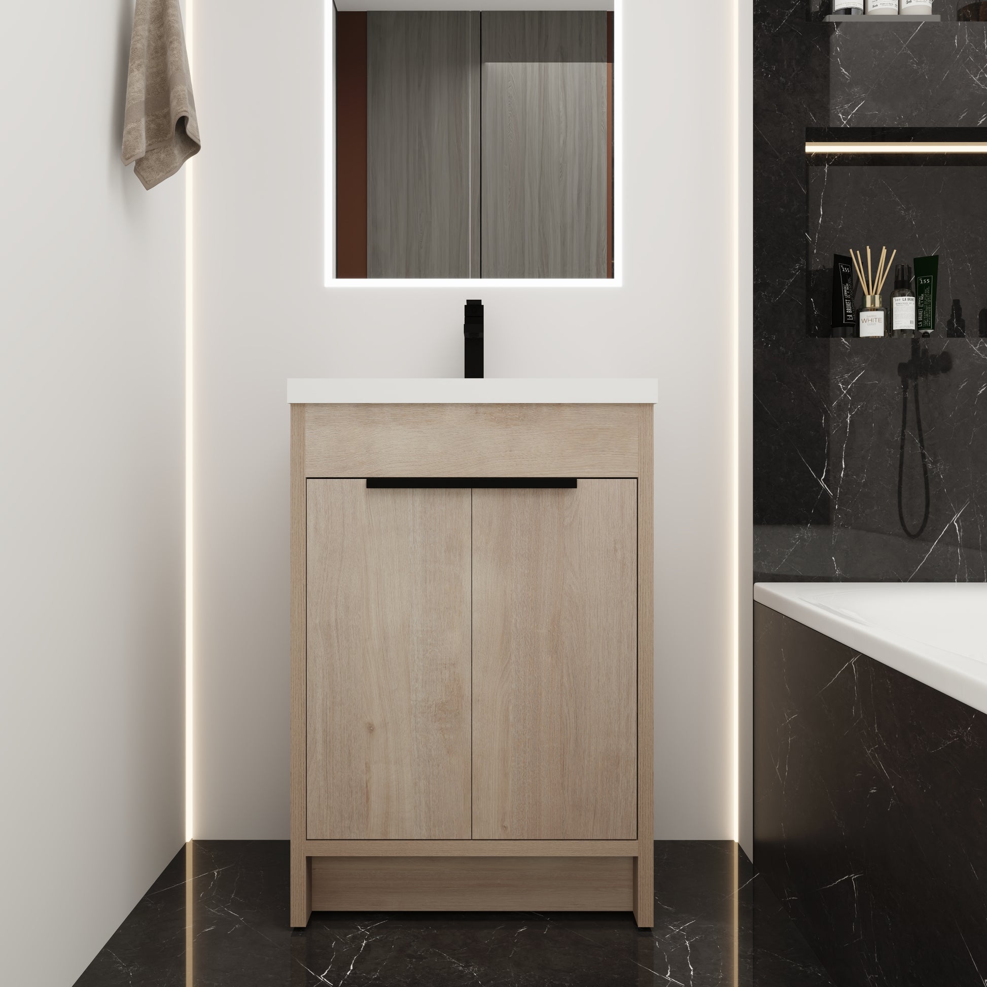 Kd Packing 24 Inch Freestanding Bathroom Vanity With White Resin Sink Sku:Bvb02424Plo Grb2440 ,W1286S00017 Plain Light Oak 2 Bathroom Freestanding Modern Plywood
