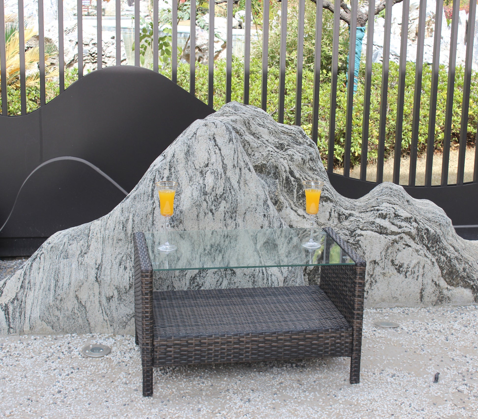 Outdoor Patio Furniture Coffee Table With Clear Tempered Glass Brown Iron