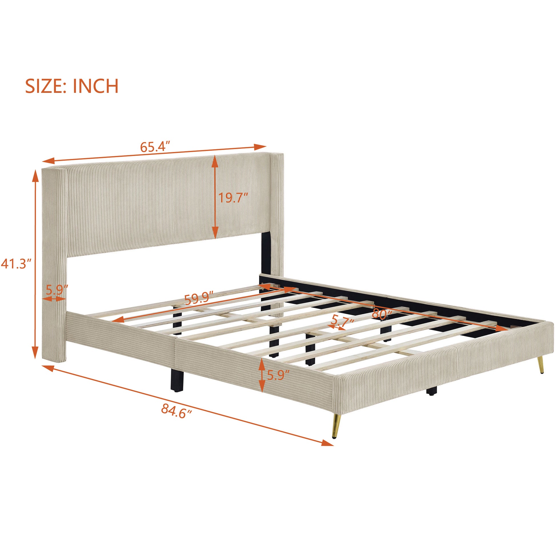 Queen Size Corduroy Platform Bed With Metal Legs, Beige Beige Corduroy