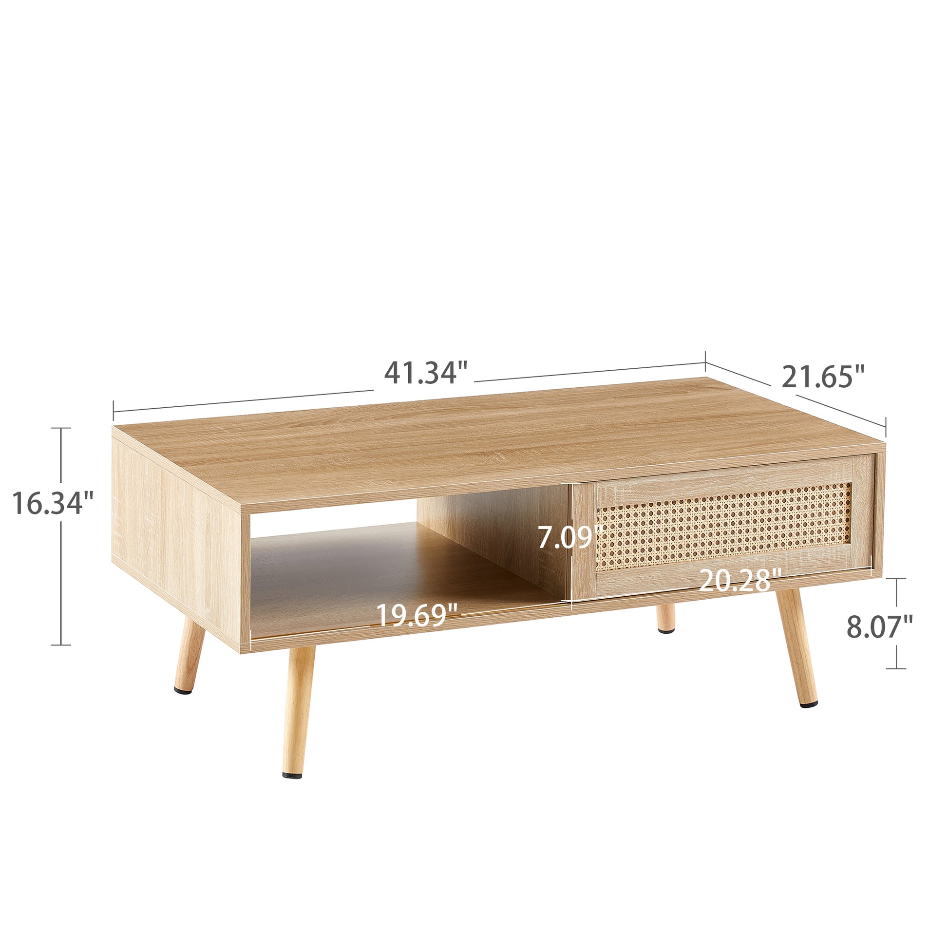 41.34" Rattan Coffee Table, Sliding Door For Storage, Solid Wood Legs, Modern Table For Living Roomnatural Natural Solid Wood Mdf