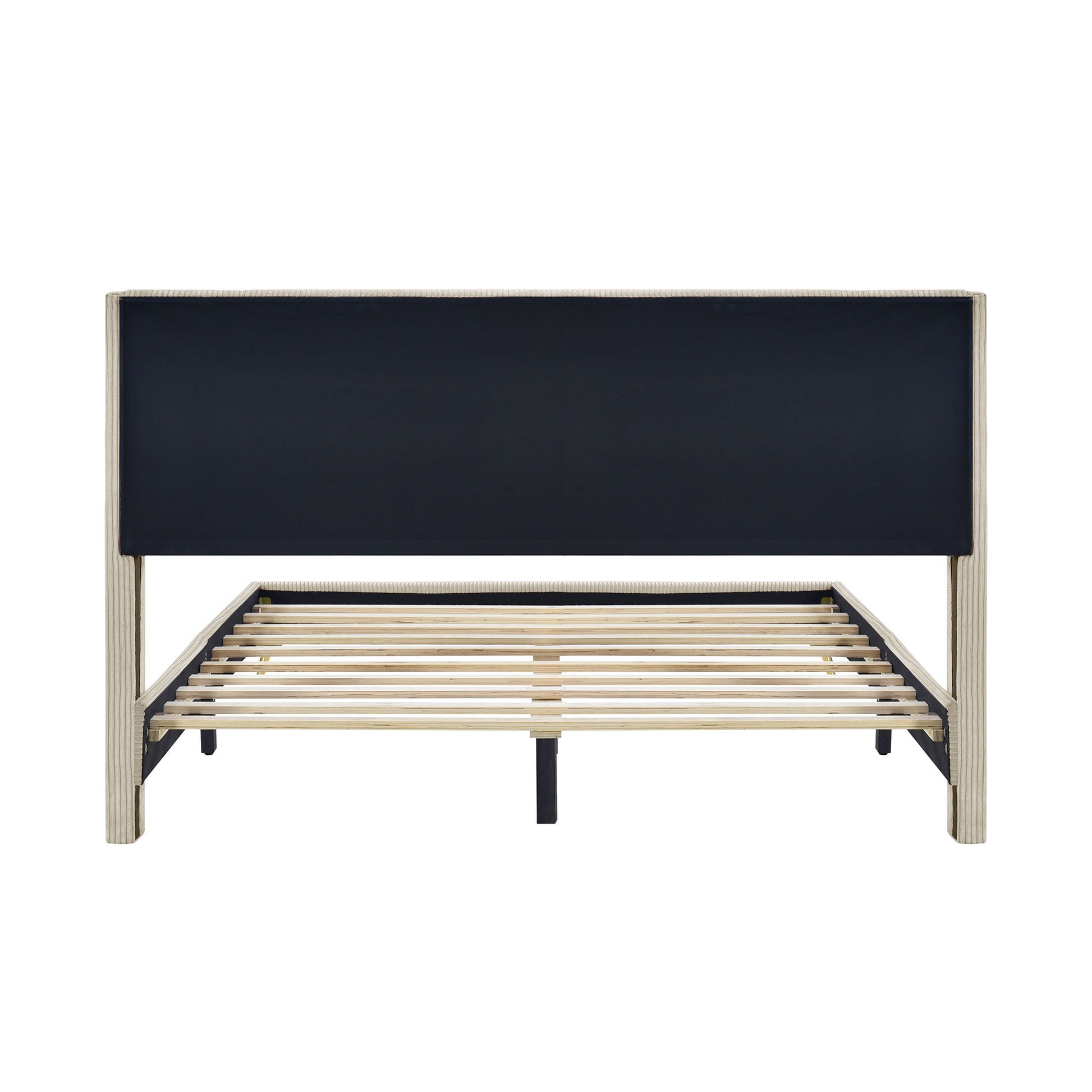 Queen Size Corduroy Platform Bed With Metal Legs, Beige Beige Corduroy