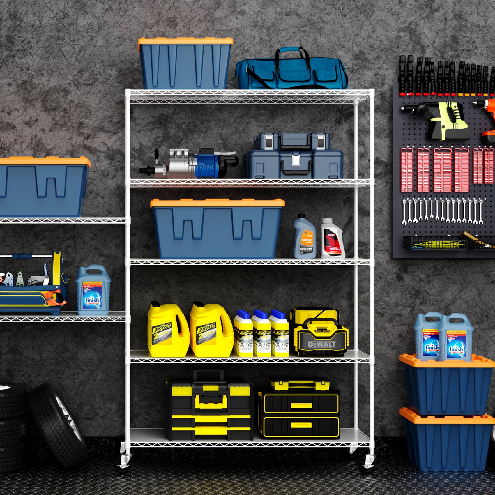 6 Tier Wire Shelving Unit, 6000 Lbs Nsf Height Adjustable Metal Garage Storage Shelves With Wheels, Heavy Duty Storage Wire Rack Metal Shelves White White Iron Plastic