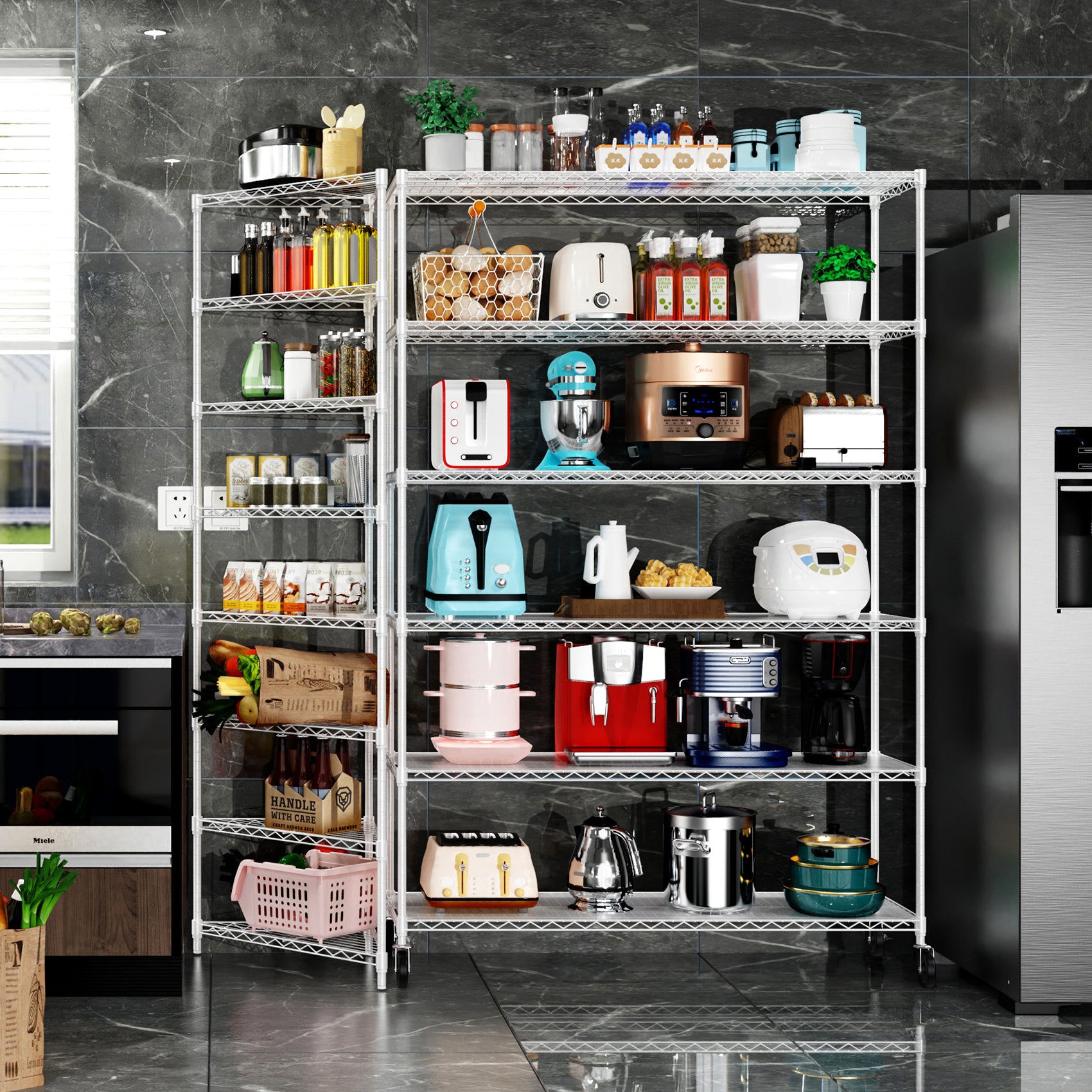 6 Tier Wire Shelving Unit, 6000 Lbs Nsf Height Adjustable Metal Garage Storage Shelves With Wheels, Heavy Duty Storage Wire Rack Metal Shelves White White Iron Plastic