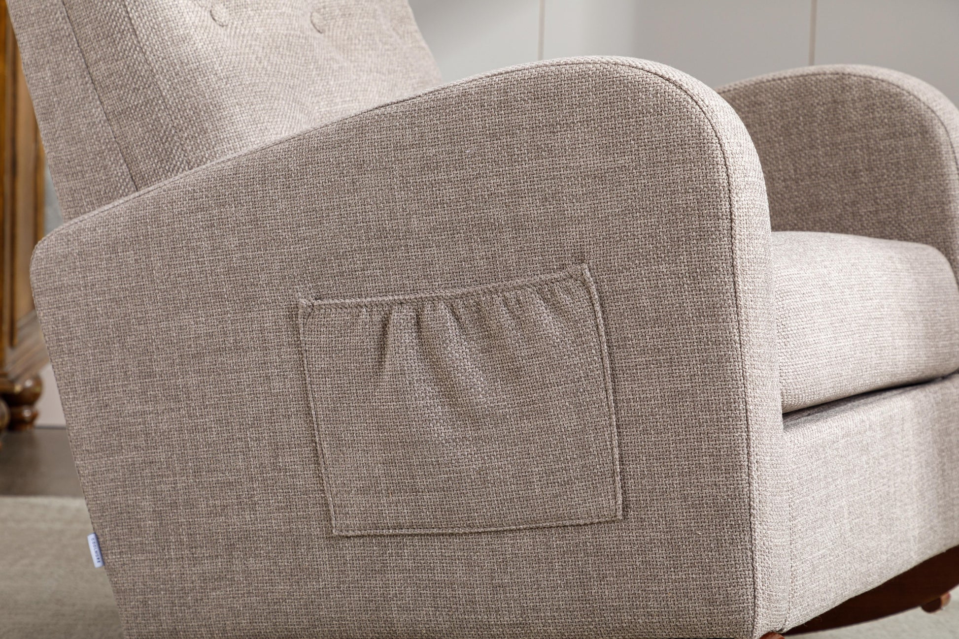 High Back Rocking Chair Nursery Chair .Comfortable Rocker Fabric Padded Seat .Modern High Back Armchair Camel Polyester