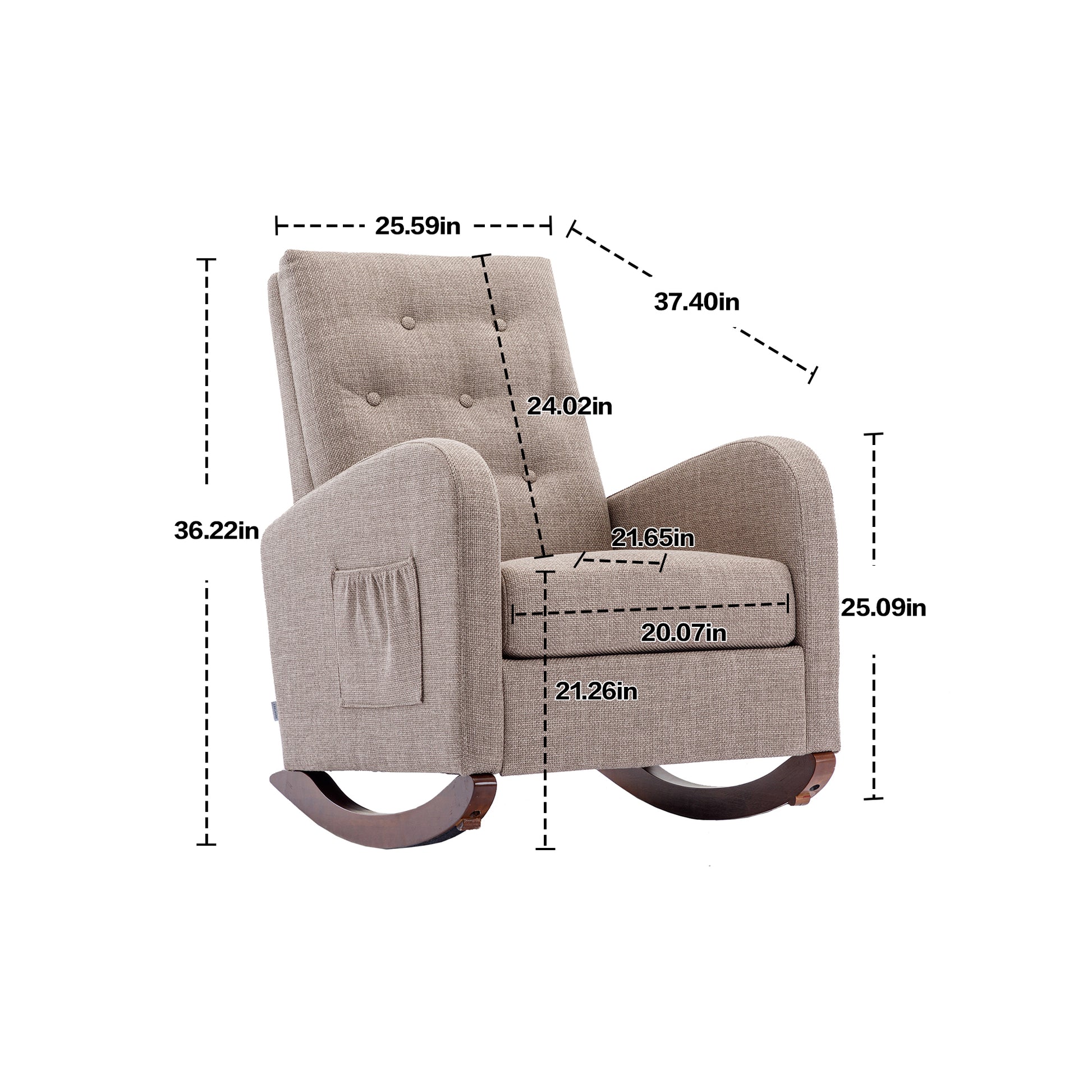 High Back Rocking Chair Nursery Chair .Comfortable Rocker Fabric Padded Seat .Modern High Back Armchair Camel Polyester