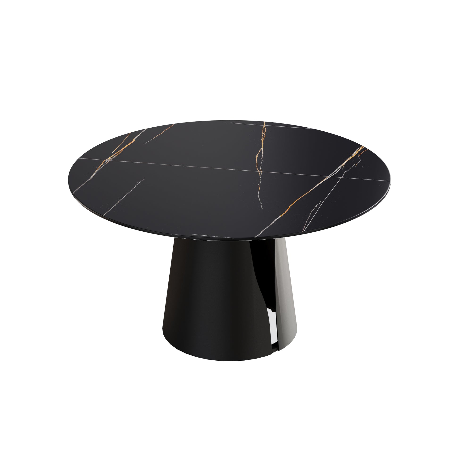 53.15"Modern Artificial Stone Round Black Carbon Steel Base Dining Table Can Accommodate 6 People Black Metal Sintered Stone