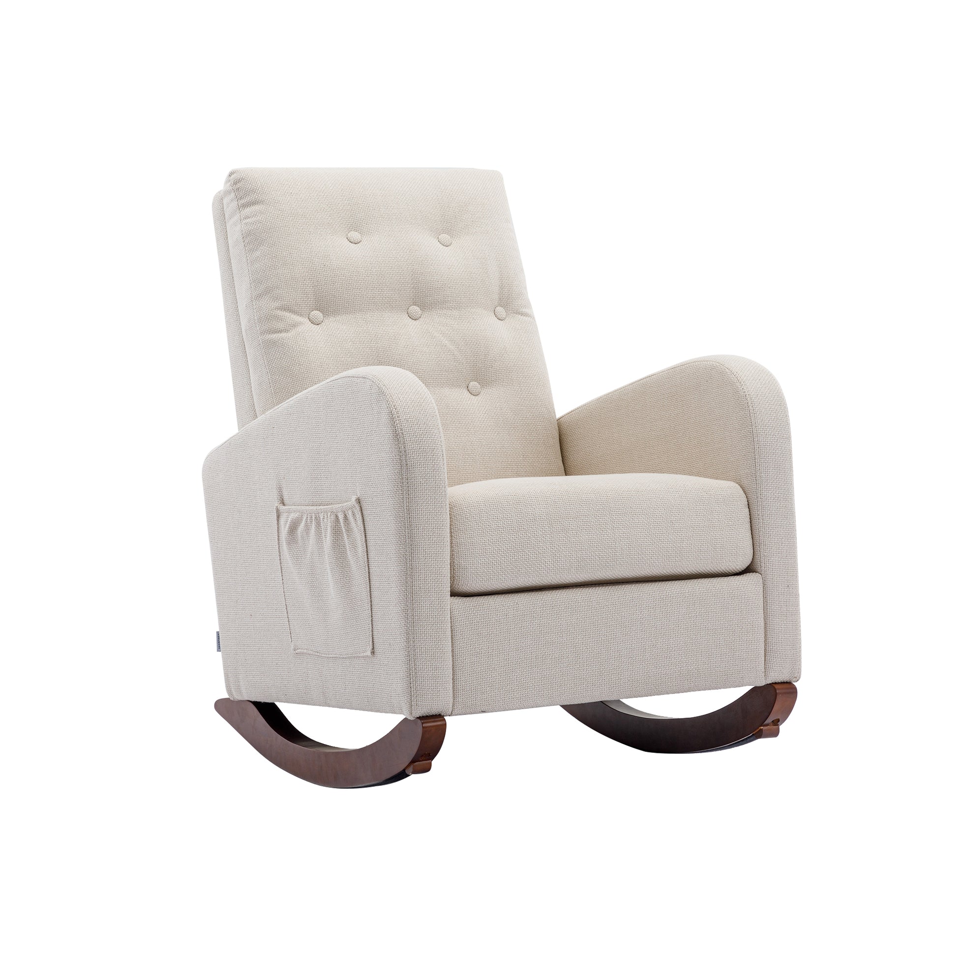 High Back Rocking Chair Nursery Chair .Comfortable Rocker Fabric Padded Seat .Modern High Back Armchair Beige Polyester
