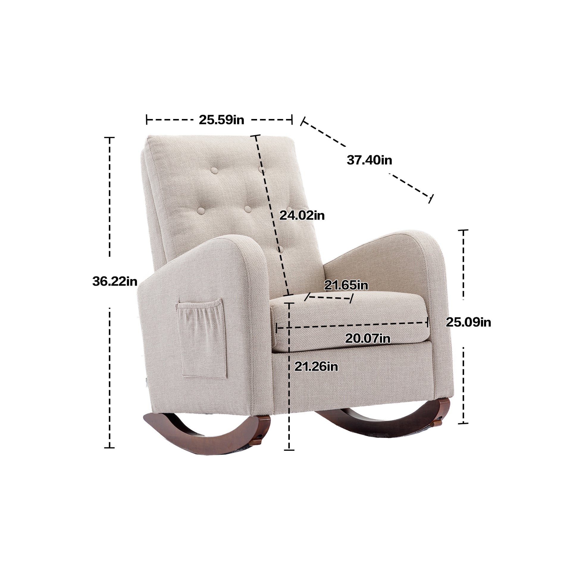 High Back Rocking Chair Nursery Chair .Comfortable Rocker Fabric Padded Seat .Modern High Back Armchair Beige Polyester