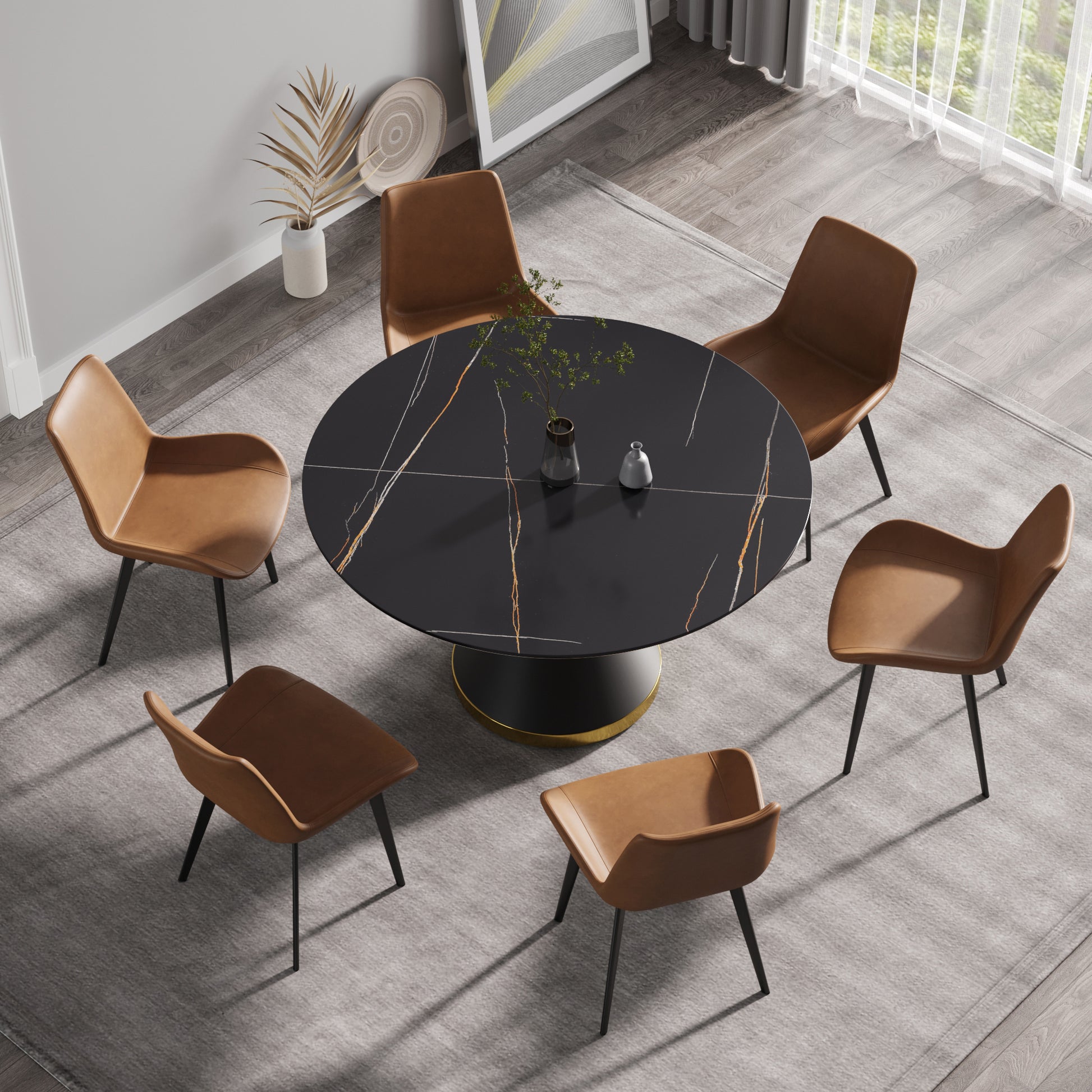 53.15"Modern Artificial Stone Round Black Carbon Steel Base Dining Table Can Accommodate 6 People Black Metal Sintered Stone
