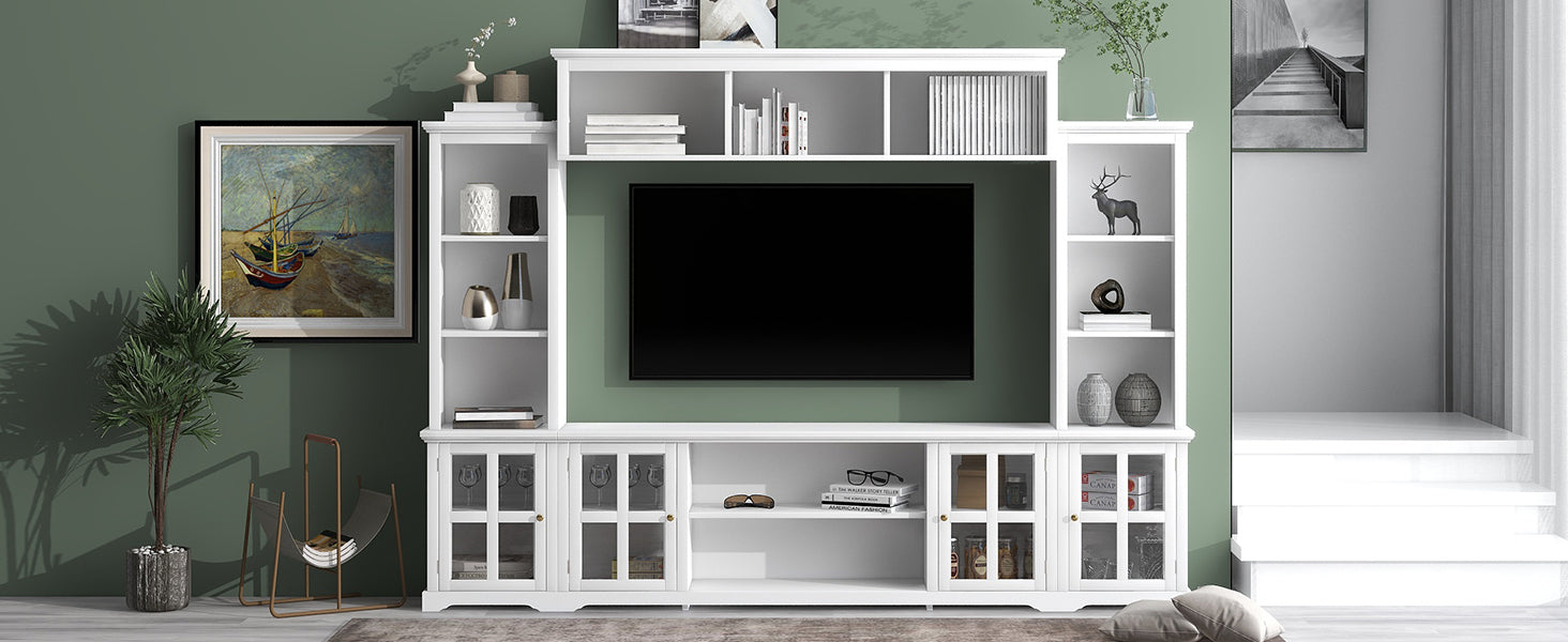 Minimalism Entertainment Wall Unit With Bridge, Modern Tv Console Table For Tvs Up To 70", Multifunctional Tv Stand With Tempered Glass Door, White Old Sku: Sd000009Aak White 70 79 Inches Particle Board
