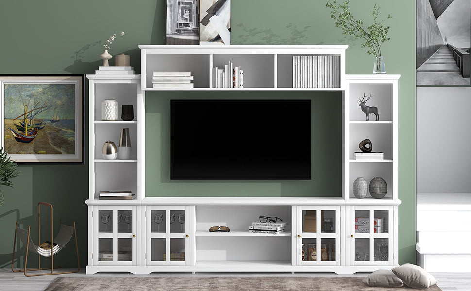Minimalism Entertainment Wall Unit With Bridge, Modern Tv Console Table For Tvs Up To 70", Multifunctional Tv Stand With Tempered Glass Door, White Old Sku: Sd000009Aak White 70 79 Inches Particle Board