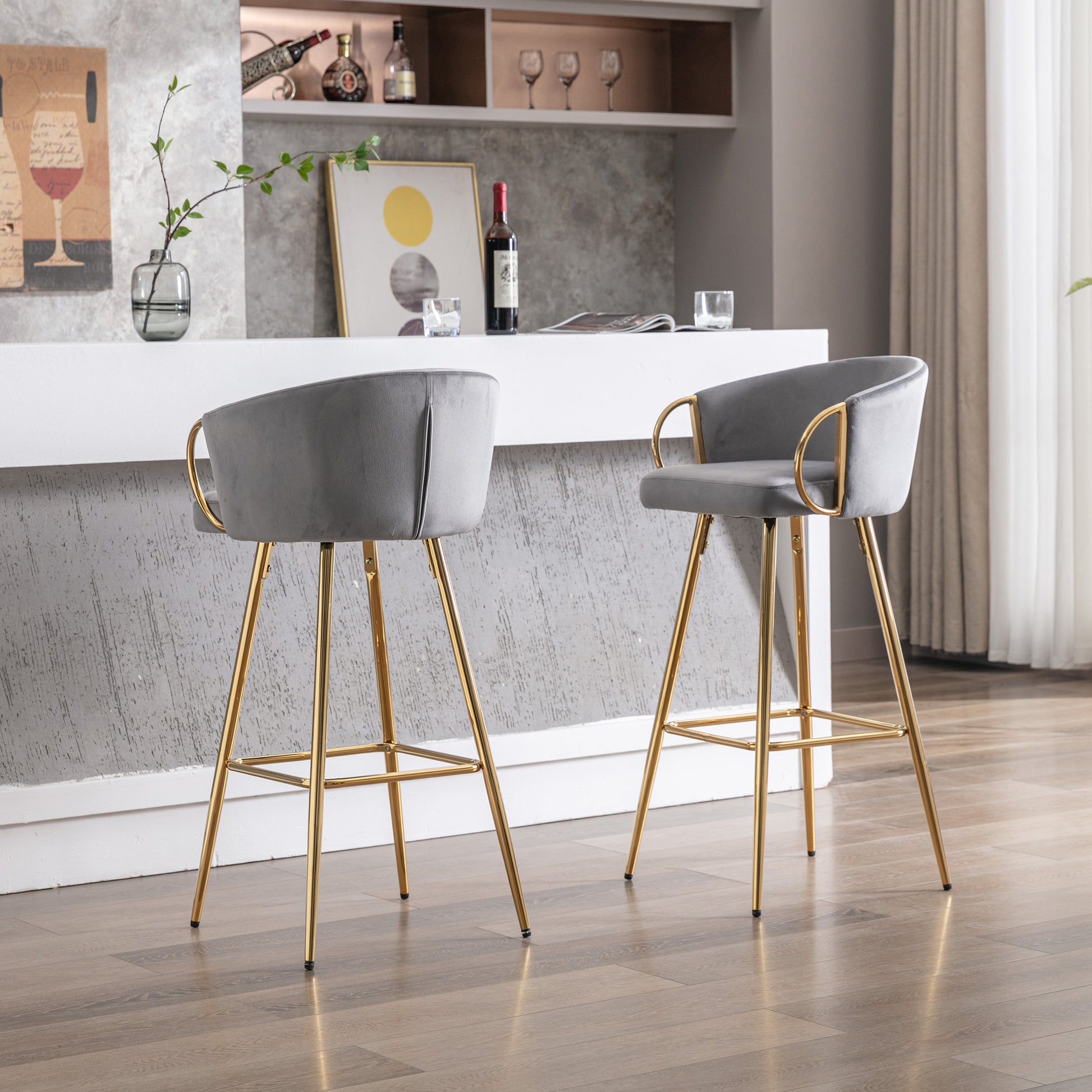 26 Inch Set Of 2 Bar Stools,With Chrome Footrest And Base Velvet Golden Leg Simple Bar Stool,Gray Gray Foam Fabric