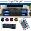 Modern Tv Stand With 2 Tempered Glass Shelves, High Gloss Entertainment Center For Tvs Up To 70'', Elegant Tv Cabinet With Led Color Changing Lights For Living Room, Black Black Particle Board