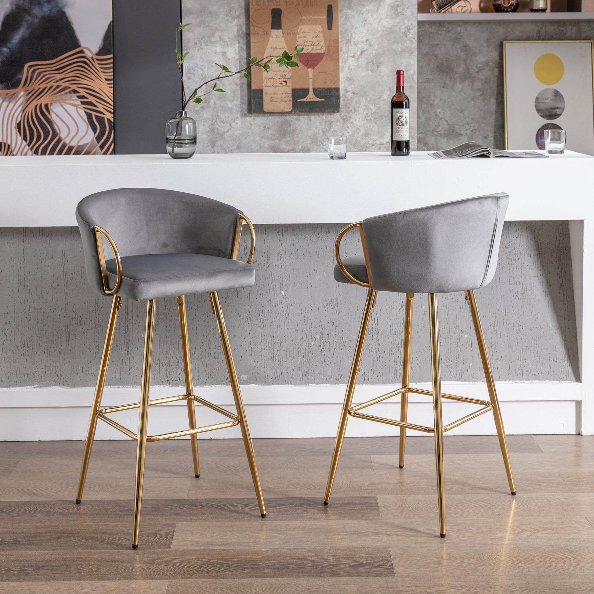 26 Inch Set Of 2 Bar Stools,With Chrome Footrest And Base Velvet Golden Leg Simple Bar Stool,Gray Gray Foam Fabric