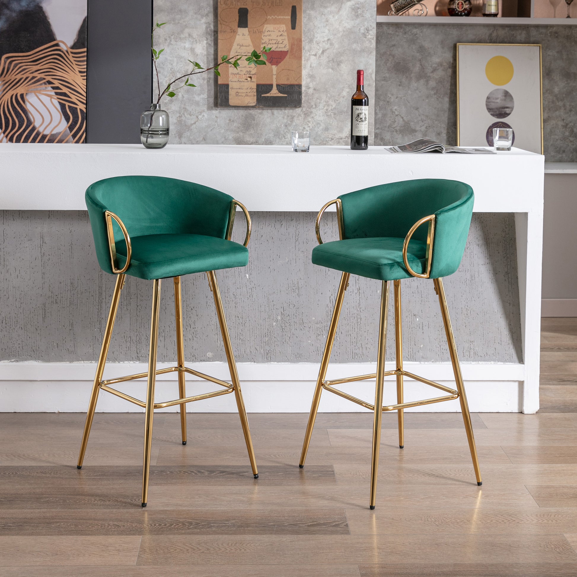 30 Inch Set Of 2 Bar Stools,With Chrome Footrest And Base Velvet Golden Leg Simple Bar Stool,Green Green Foam Fabric