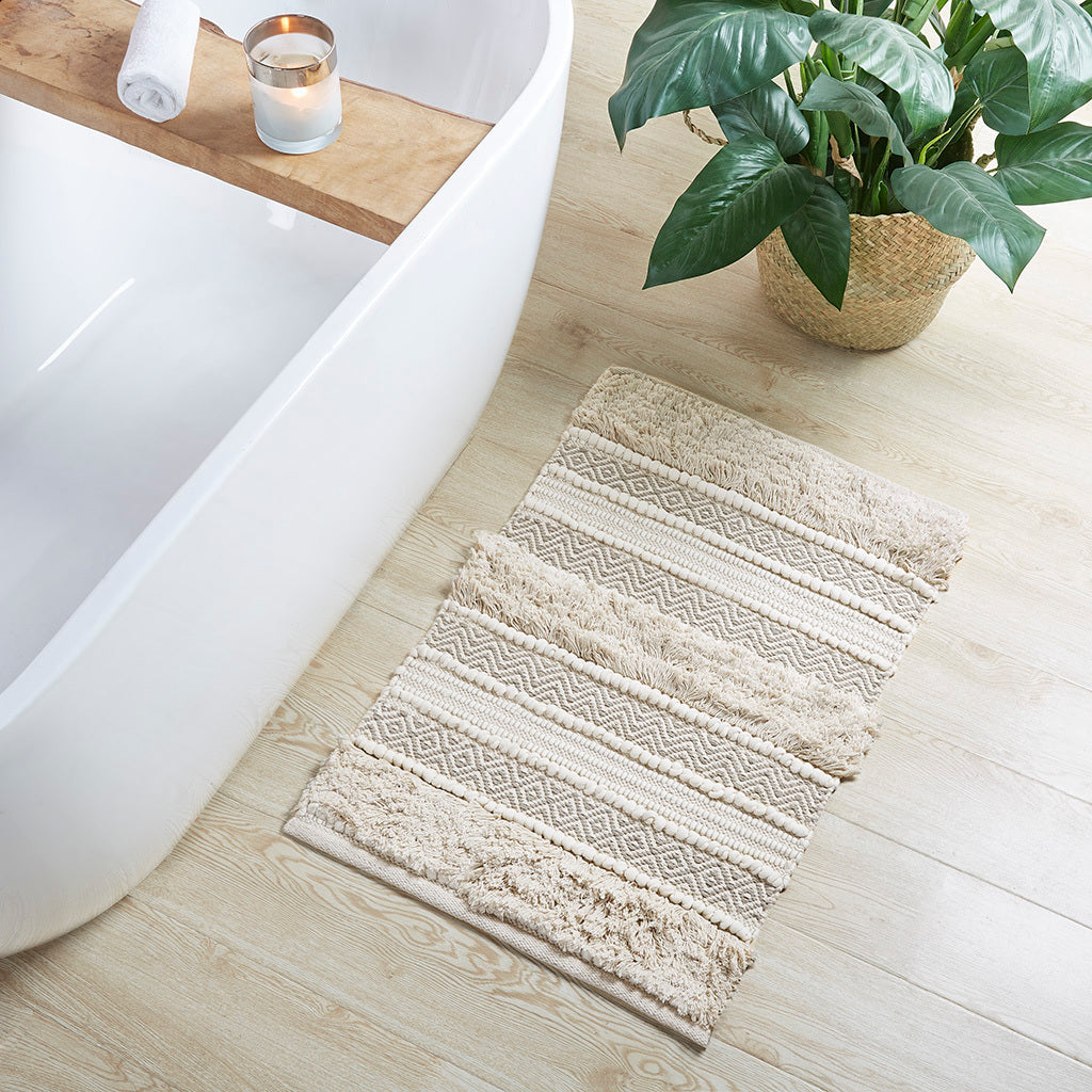 Woven Texture Stripe Bath Rug Natural Polyester