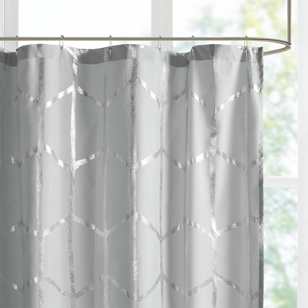 Printed Metallic Shower Curtain Grey Silver Microfiber