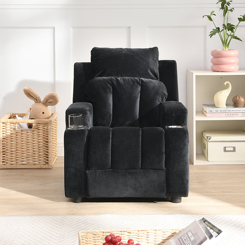 Kids Recliner Chair, Kids Upholstered Couch With Two Cup Holder, Footrest, Backrest, Toddlers Velvet Recliner With Headrest And Footrest Black Velvet
