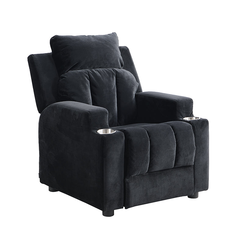 Kids Recliner Chair, Kids Upholstered Couch With Two Cup Holder, Footrest, Backrest, Toddlers Velvet Recliner With Headrest And Footrest Black Velvet