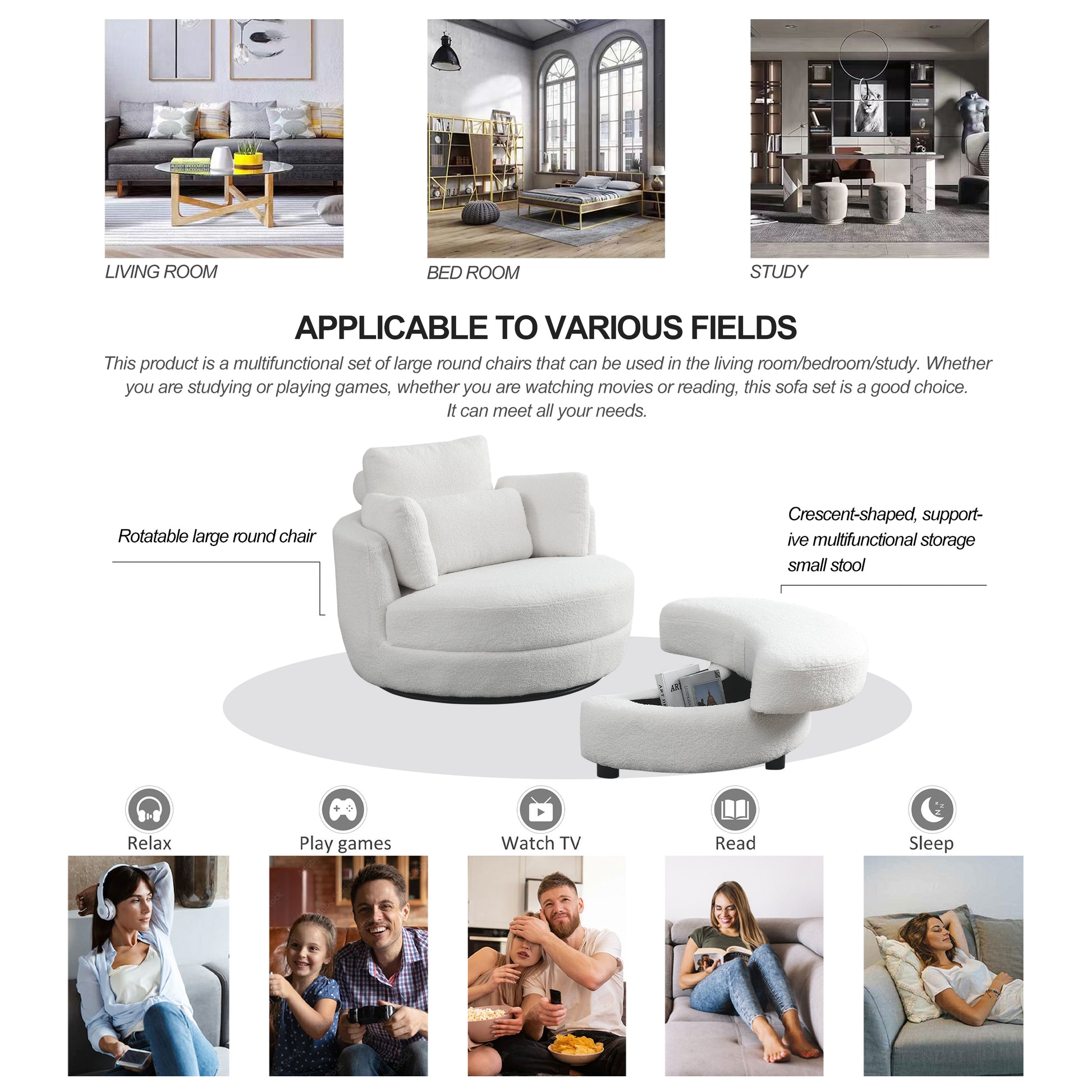 39"W Oversized Swivel Chair With Moon Storage Ottoman For Living Room, Modern Accent Round Loveseat Circle Swivel Barrel Chairs For Bedroom Cuddle Sofa Chair Lounger Armchair, 4 Pillows, Teddy Fabric Ivory Foam Fabric