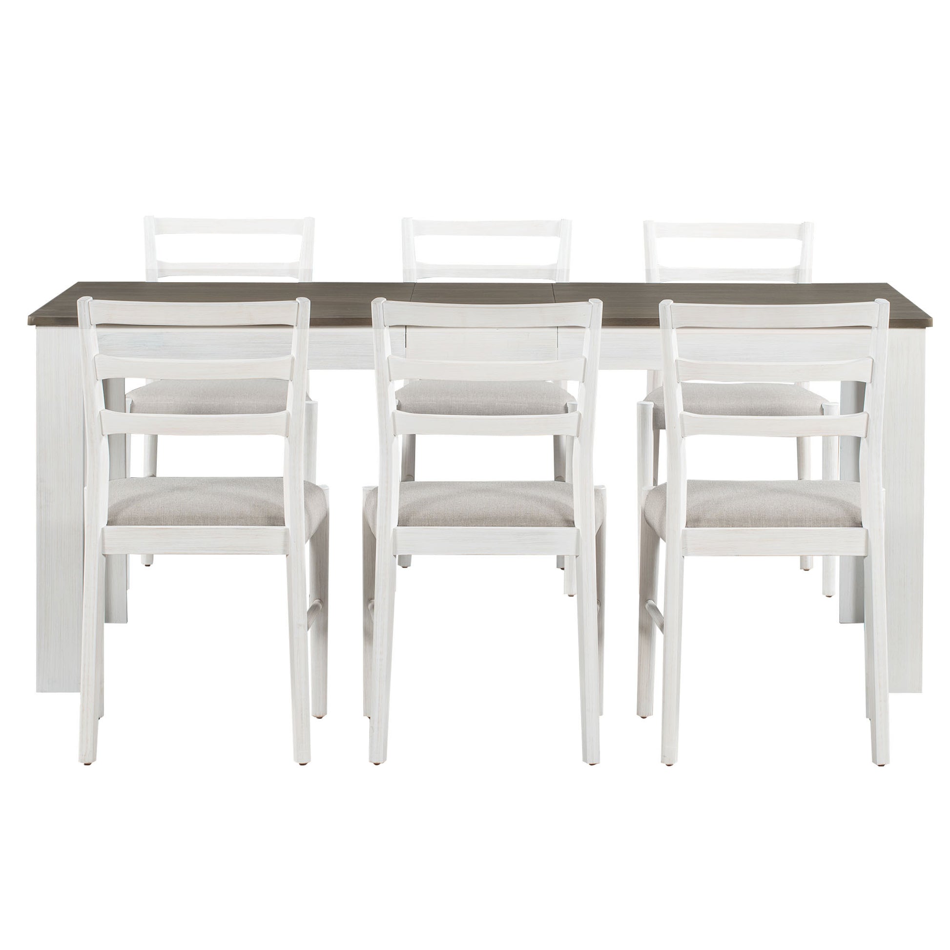 7 Piece Wooden Dining Table Set Mutifunctional Extendable Table With 12" Leaf And 2 Drawers, 6 Dining Chairs With Soft Cushion Brown White Brown White Solid Wood