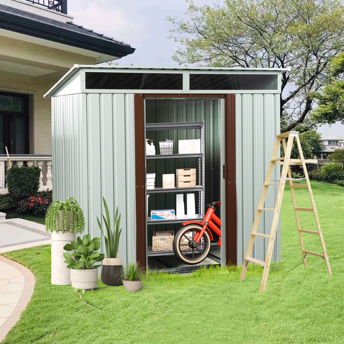 6Ft X 5Ft Outdoor Metal Storage Shed White White Iron