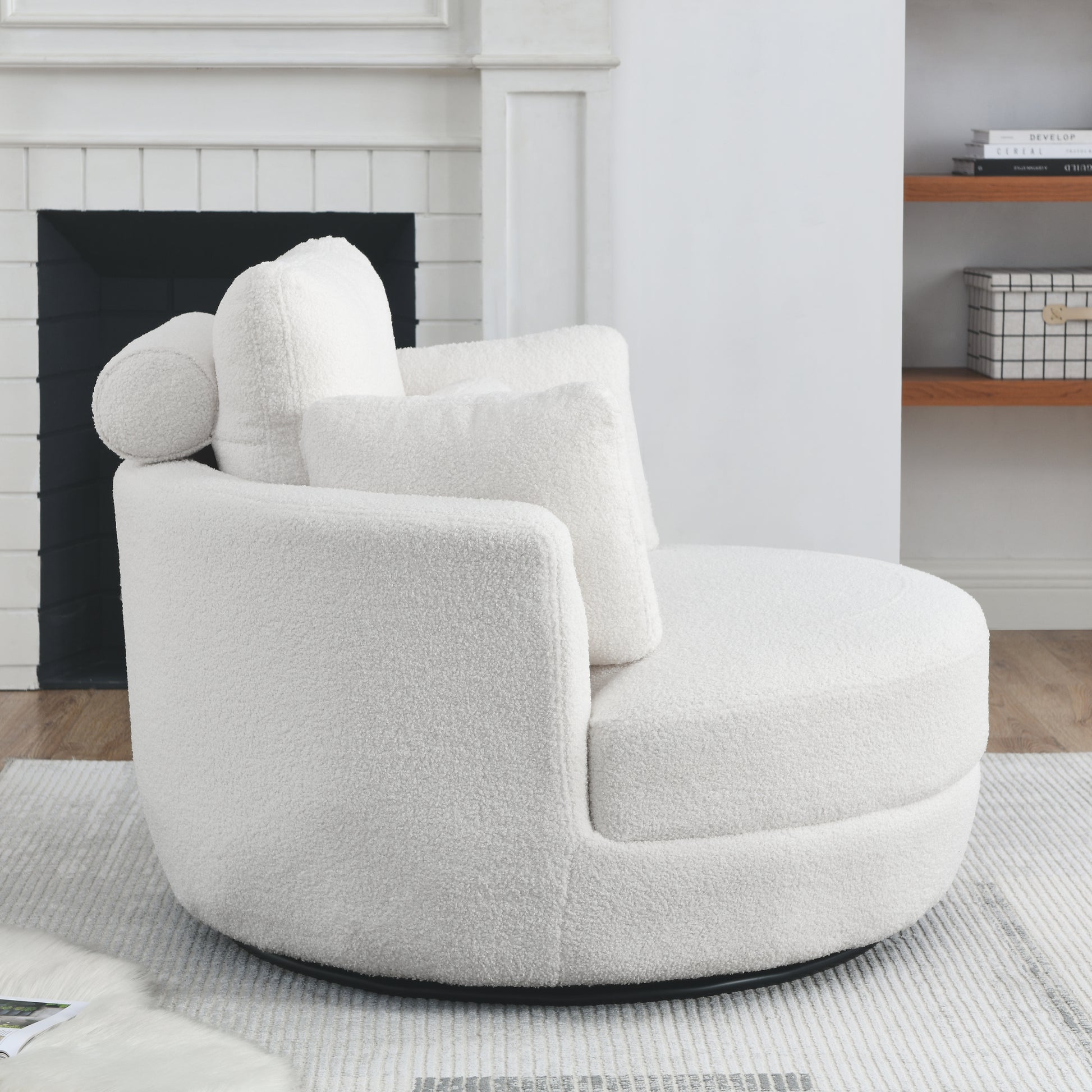 39"W Oversized Swivel Chair With Moon Storage Ottoman For Living Room, Modern Accent Round Loveseat Circle Swivel Barrel Chairs For Bedroom Cuddle Sofa Chair Lounger Armchair, 4 Pillows, Teddy Fabric Ivory Foam Fabric