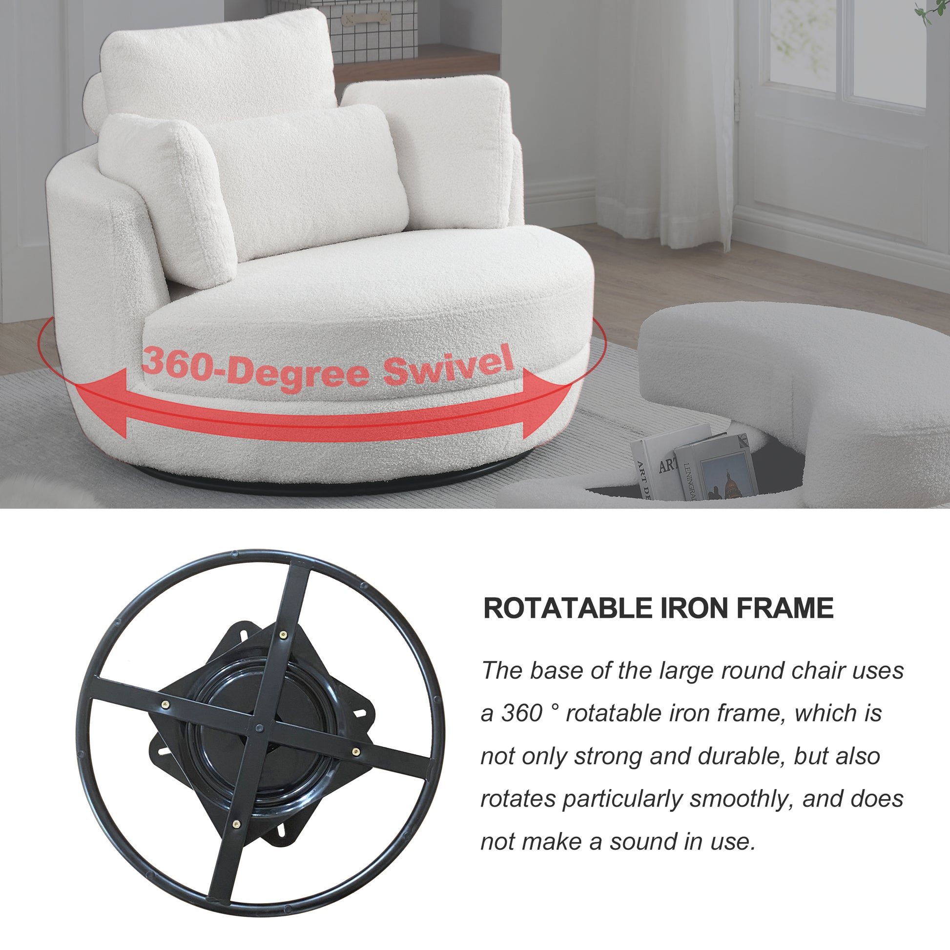 39"W Oversized Swivel Chair With Moon Storage Ottoman For Living Room, Modern Accent Round Loveseat Circle Swivel Barrel Chairs For Bedroom Cuddle Sofa Chair Lounger Armchair, 4 Pillows, Teddy Fabric Ivory Foam Fabric