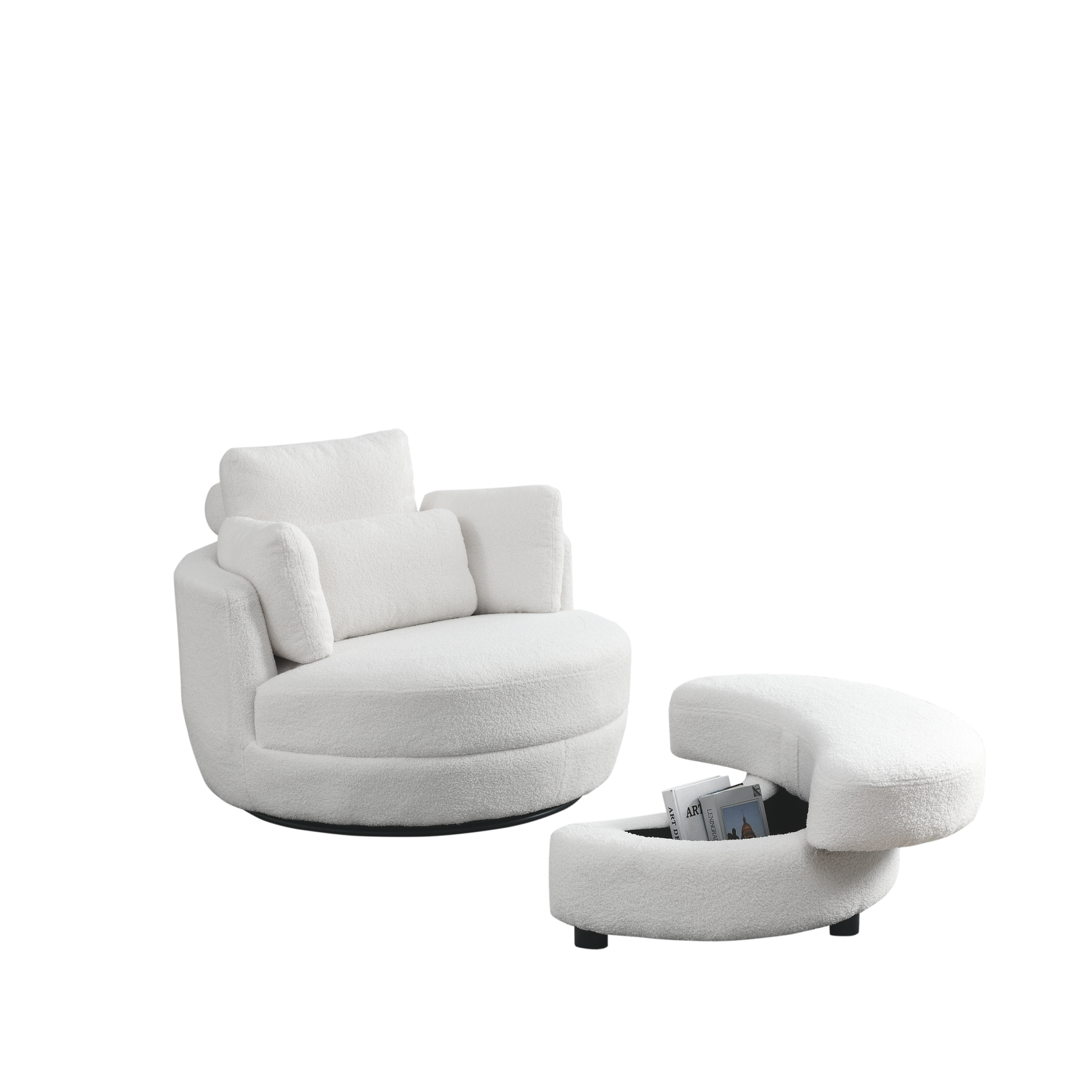 39"W Oversized Swivel Chair With Moon Storage Ottoman For Living Room, Modern Accent Round Loveseat Circle Swivel Barrel Chairs For Bedroom Cuddle Sofa Chair Lounger Armchair, 4 Pillows, Teddy Fabric Ivory Foam Fabric
