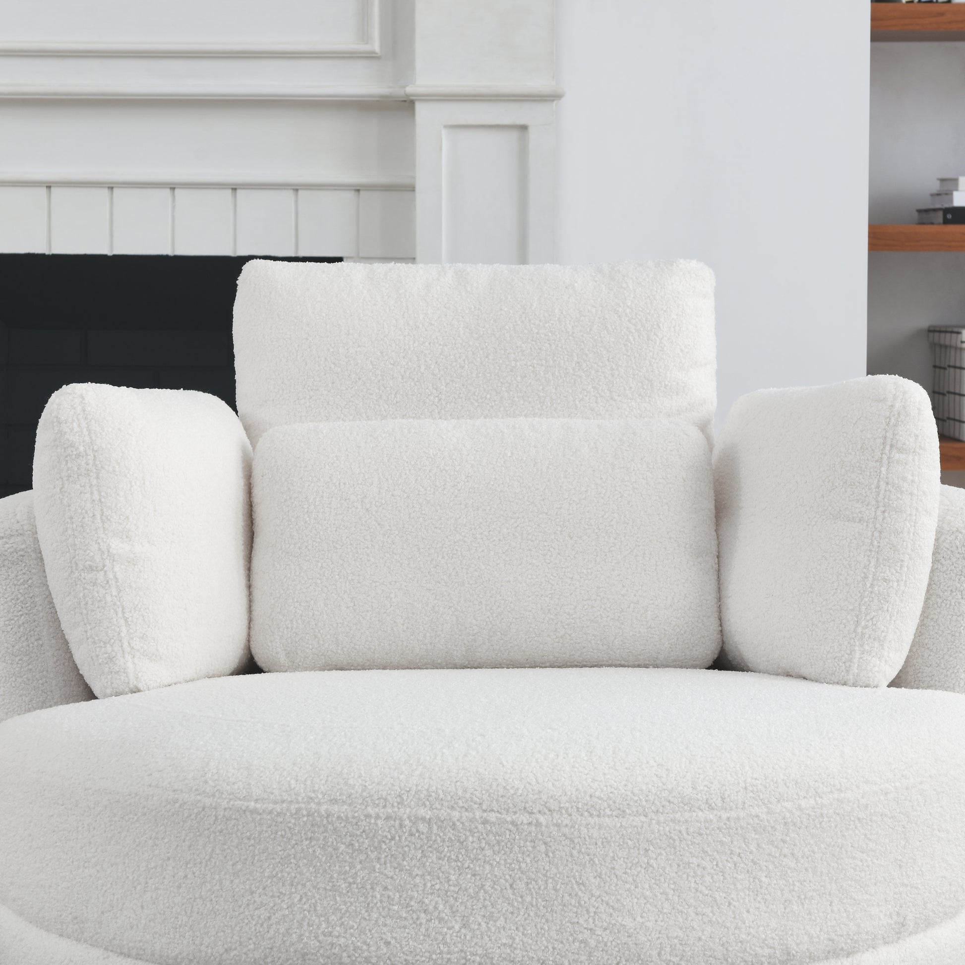 39"W Oversized Swivel Chair With Moon Storage Ottoman For Living Room, Modern Accent Round Loveseat Circle Swivel Barrel Chairs For Bedroom Cuddle Sofa Chair Lounger Armchair, 4 Pillows, Teddy Fabric Ivory Foam Fabric