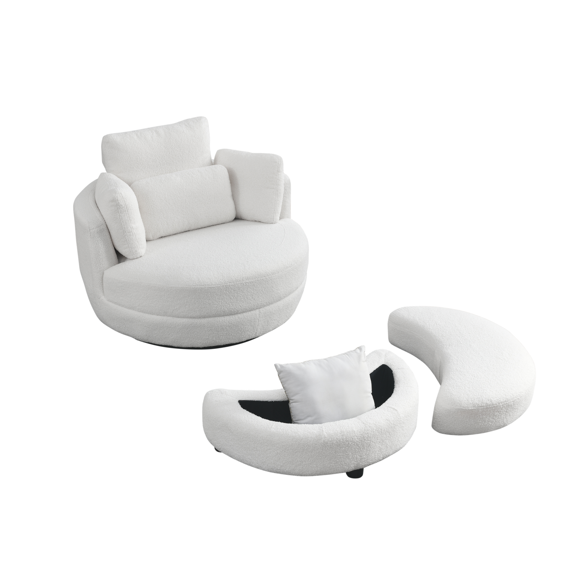 39"W Oversized Swivel Chair With Moon Storage Ottoman For Living Room, Modern Accent Round Loveseat Circle Swivel Barrel Chairs For Bedroom Cuddle Sofa Chair Lounger Armchair, 4 Pillows, Teddy Fabric Ivory Foam Fabric