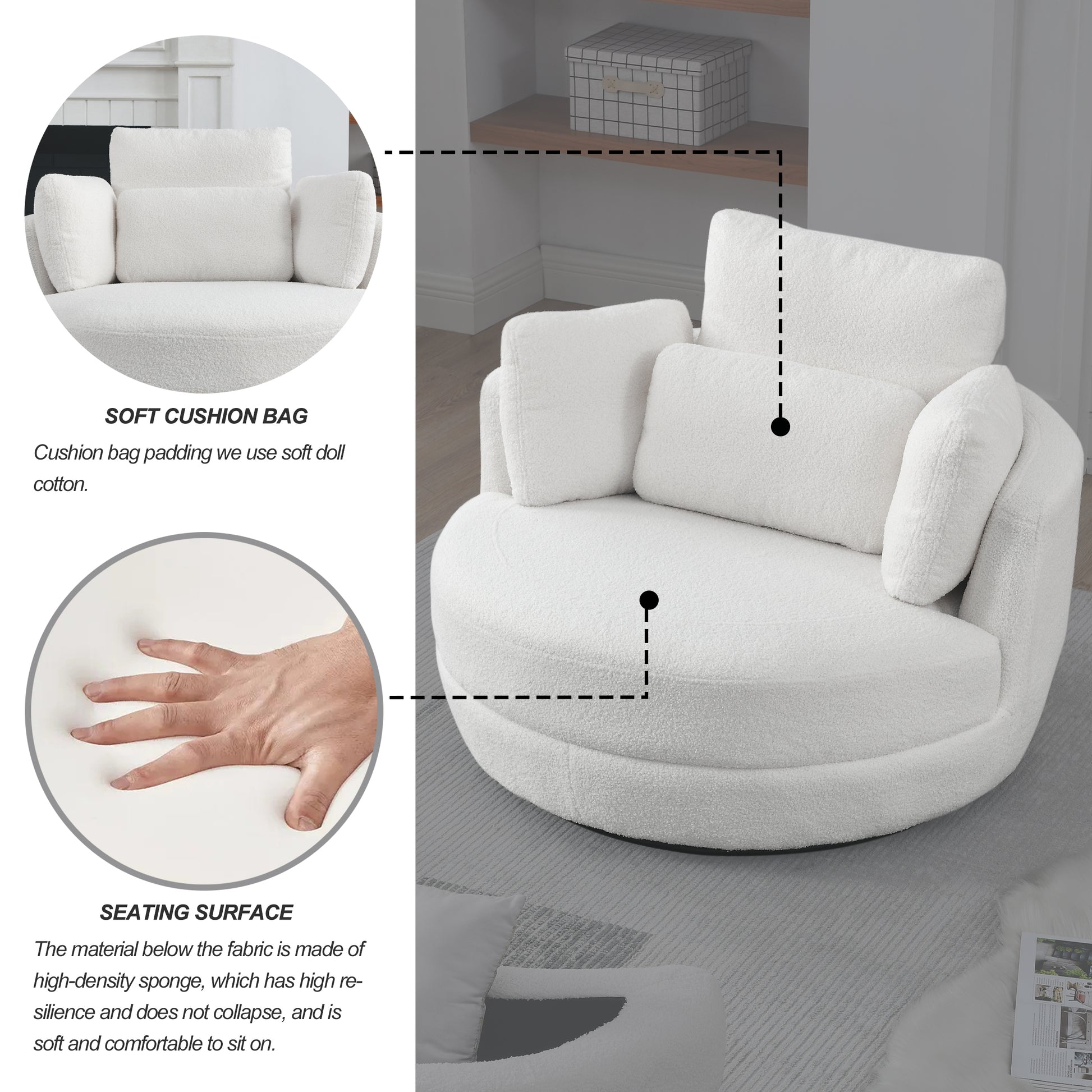 39"W Oversized Swivel Chair With Moon Storage Ottoman For Living Room, Modern Accent Round Loveseat Circle Swivel Barrel Chairs For Bedroom Cuddle Sofa Chair Lounger Armchair, 4 Pillows, Teddy Fabric Ivory Foam Fabric