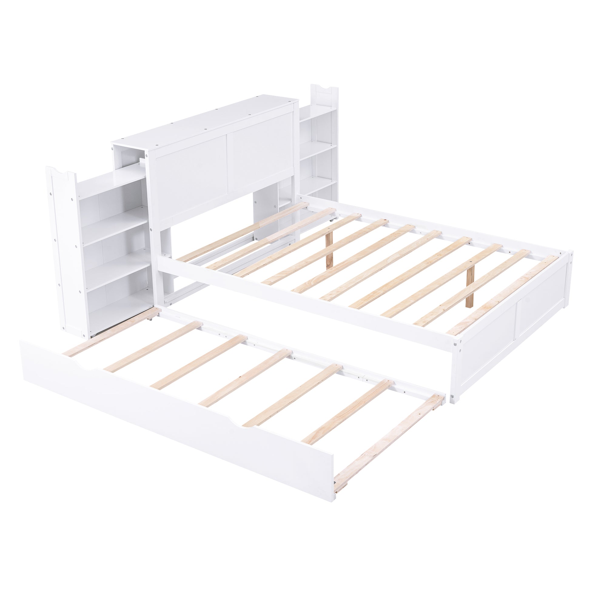 Full Size Storage Platform Bed With Pull Out Shelves And Twin Size Trundle, White White Solid Wood Mdf