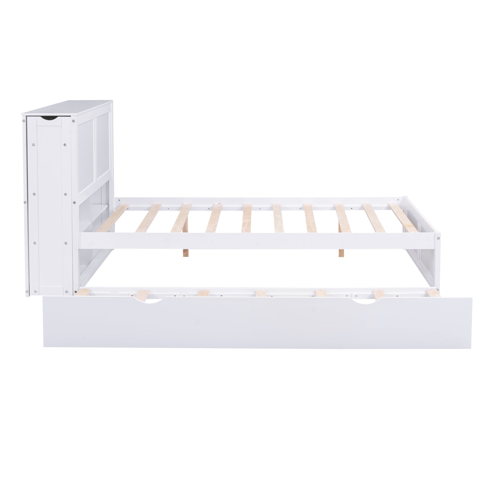 Full Size Storage Platform Bed With Pull Out Shelves And Twin Size Trundle, White White Solid Wood Mdf