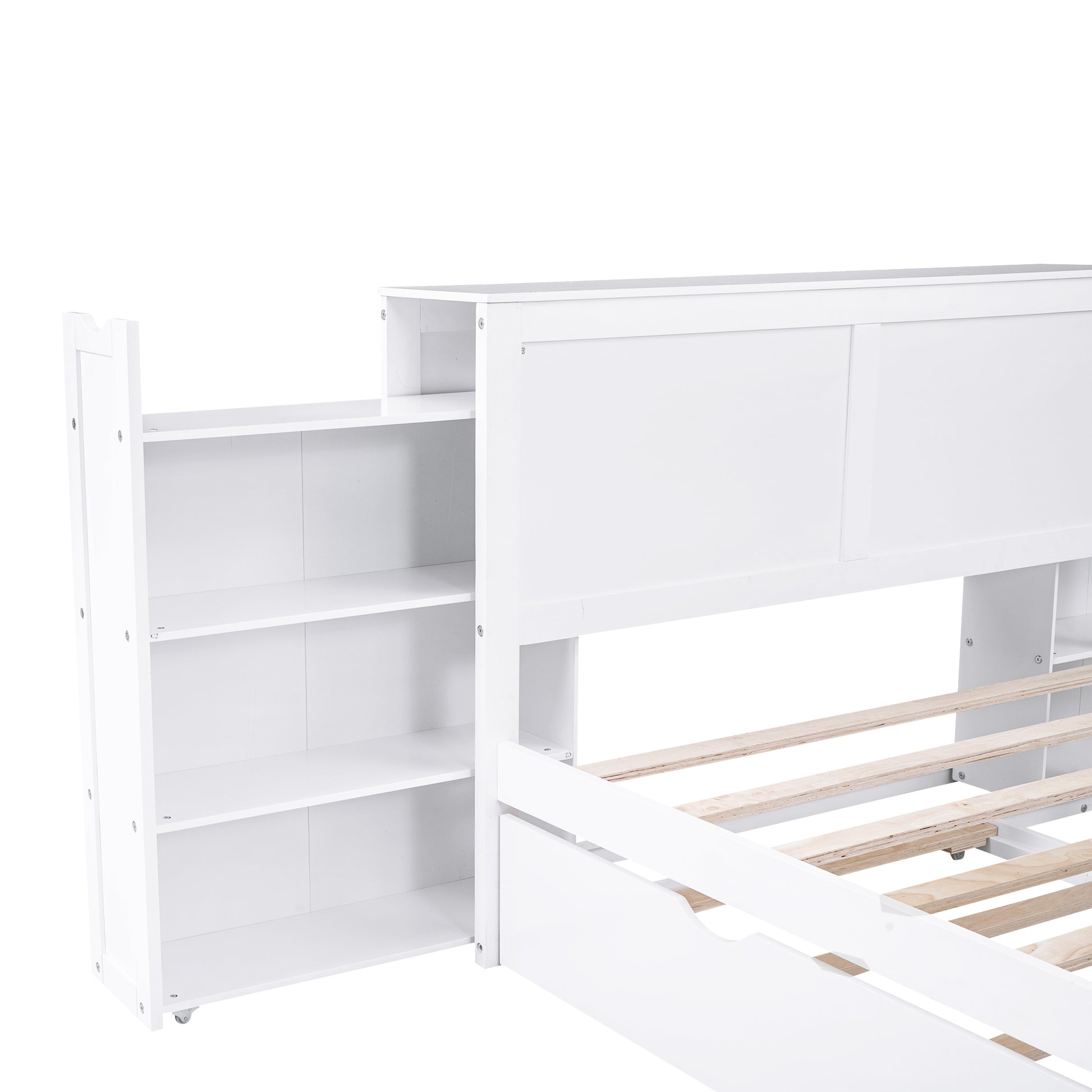 Full Size Storage Platform Bed With Pull Out Shelves And Twin Size Trundle, White White Solid Wood Mdf