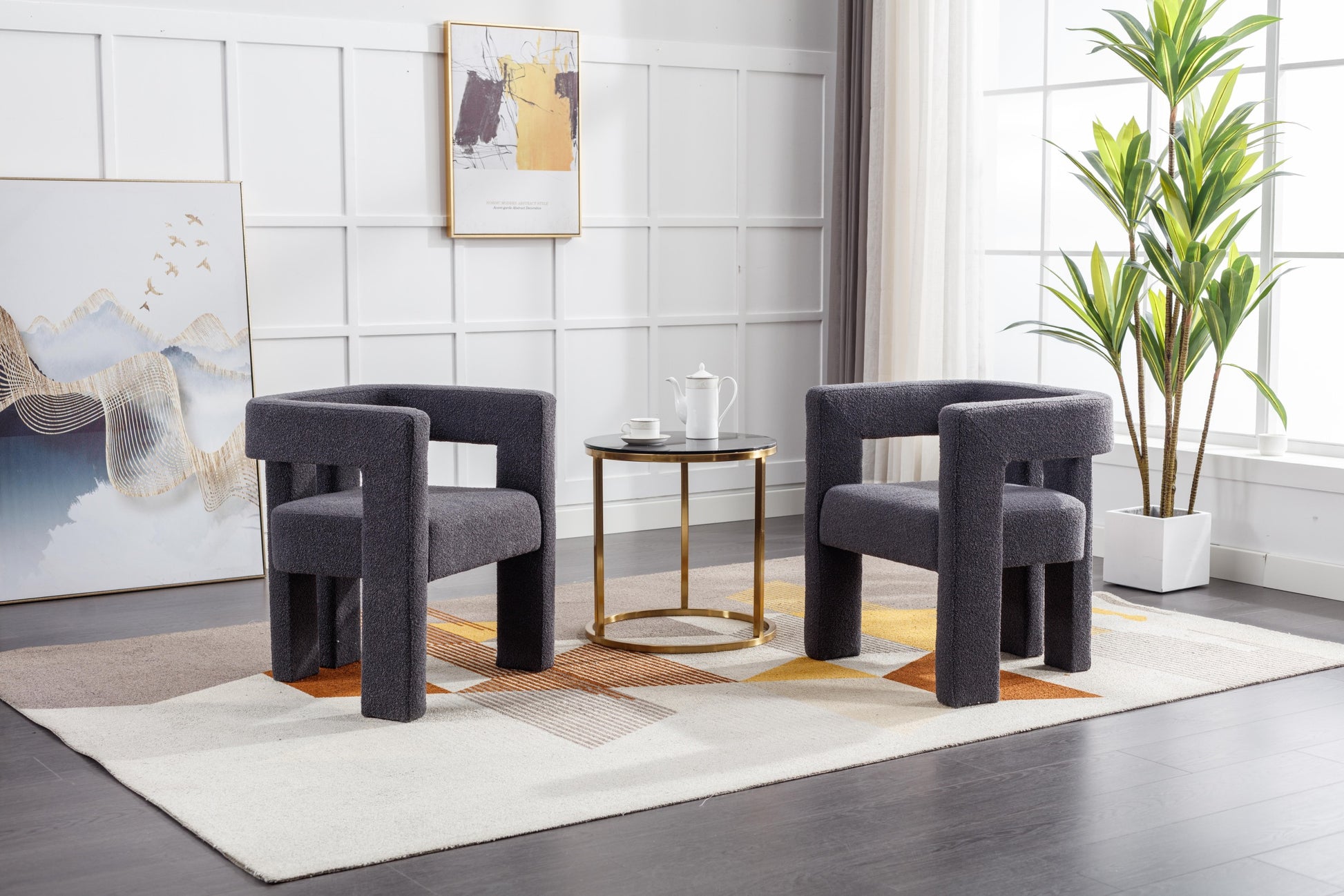 Coolmore Contemporary Designed Fabric Upholstered Accent Dining Chair Barrel Side Chairs Kitchen Armchair For Living Room 2Pc Set Carbon Black Boucle
