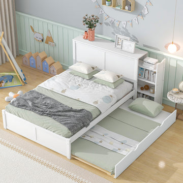 Full Size Storage Platform Bed With Pull Out Shelves And Twin Size Trundle, White White Solid Wood Mdf