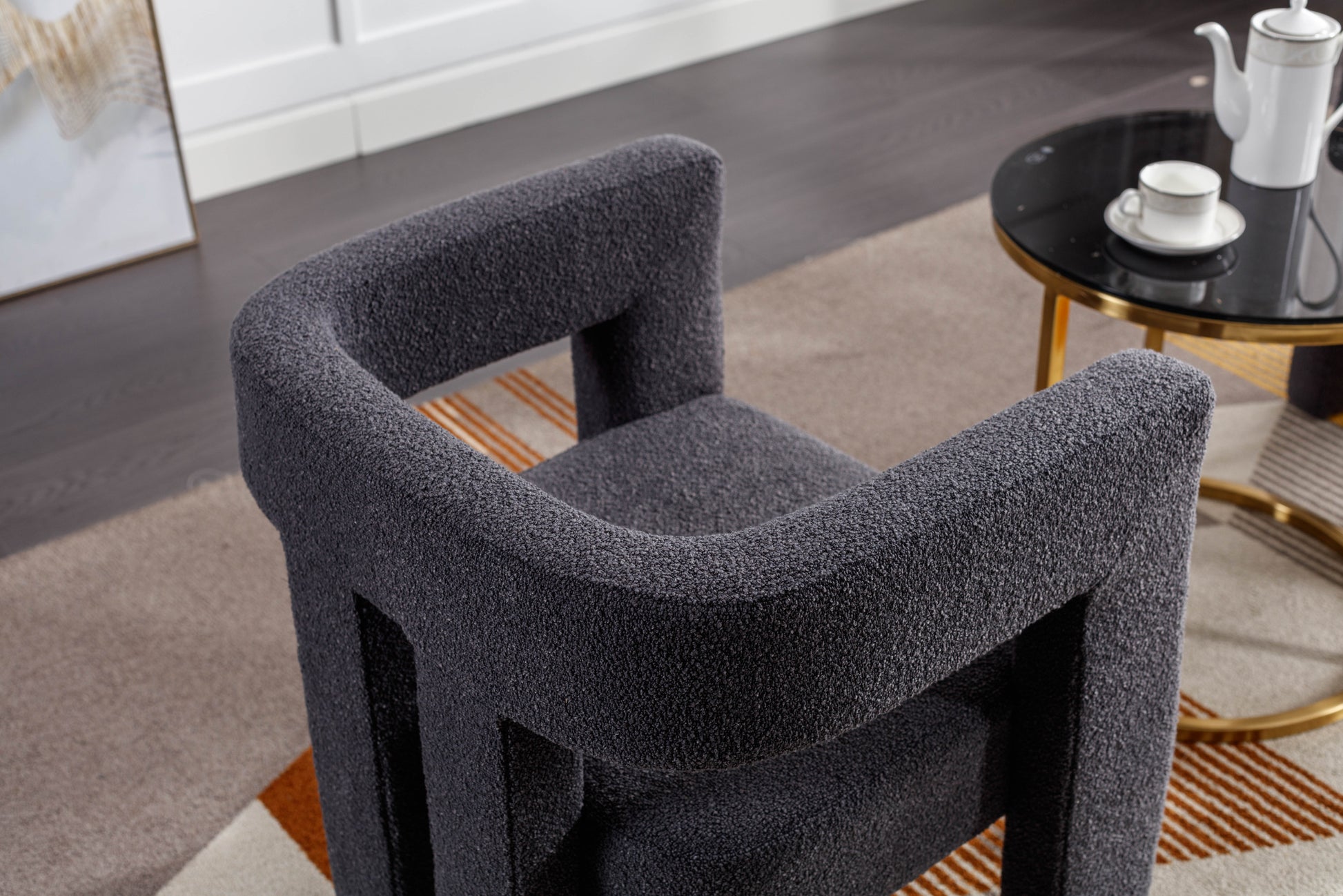 Coolmore Contemporary Designed Fabric Upholstered Accent Dining Chair Barrel Side Chairs Kitchen Armchair For Living Room 2Pc Set Carbon Black Boucle