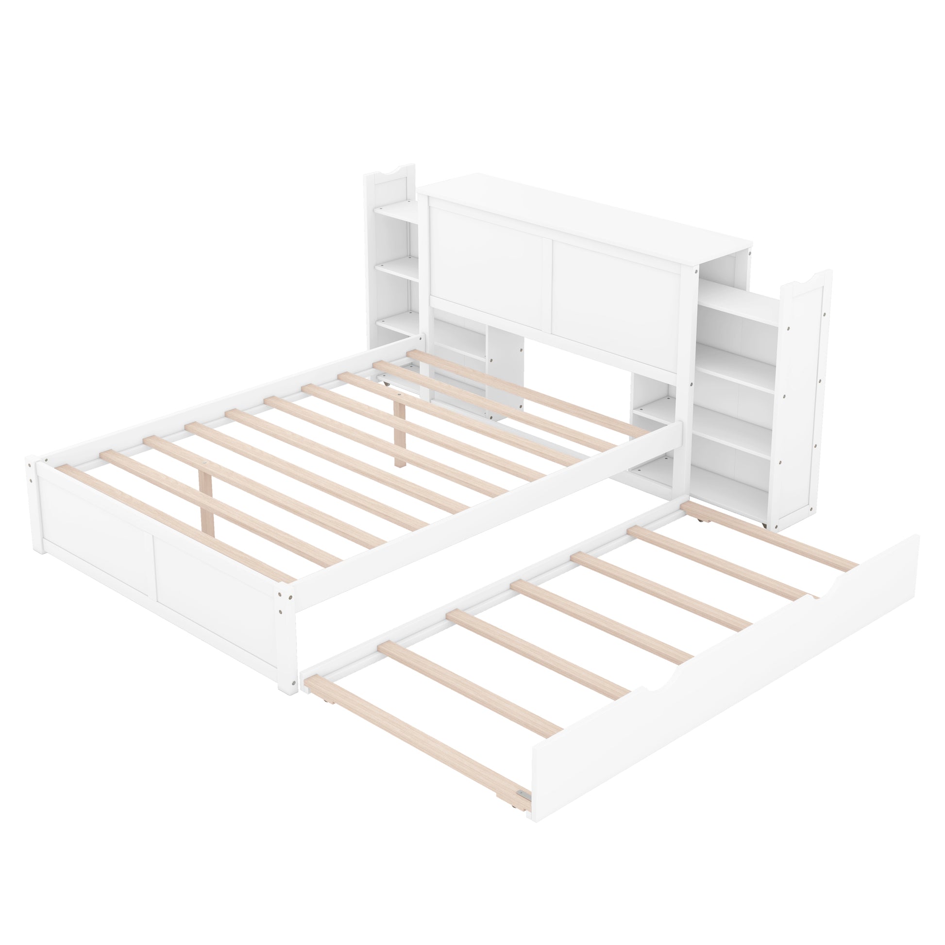 Full Size Storage Platform Bed With Pull Out Shelves And Twin Size Trundle, White White Solid Wood Mdf