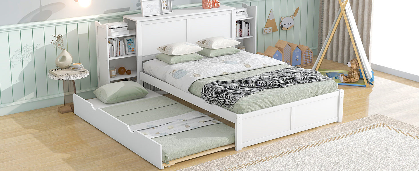 Full Size Storage Platform Bed With Pull Out Shelves And Twin Size Trundle, White White Solid Wood Mdf