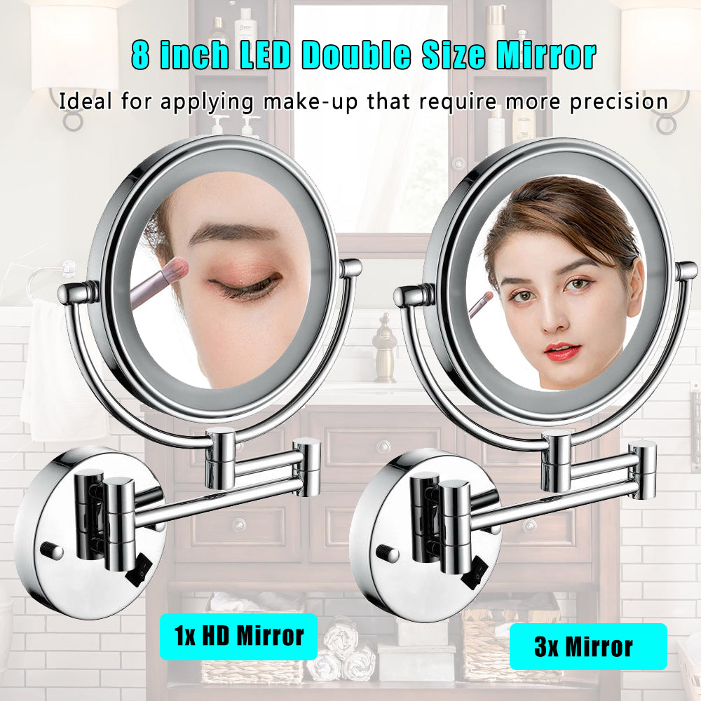 8 Inch Led Wall Mount Two Sided Magnifying Makeup Vanity Mirror 12 Inch Extension Matte Black 1X 3X Magnification Plug 360 Degree Rotation Waterproof Button Shaving Mirror Chrome Stainless Steel