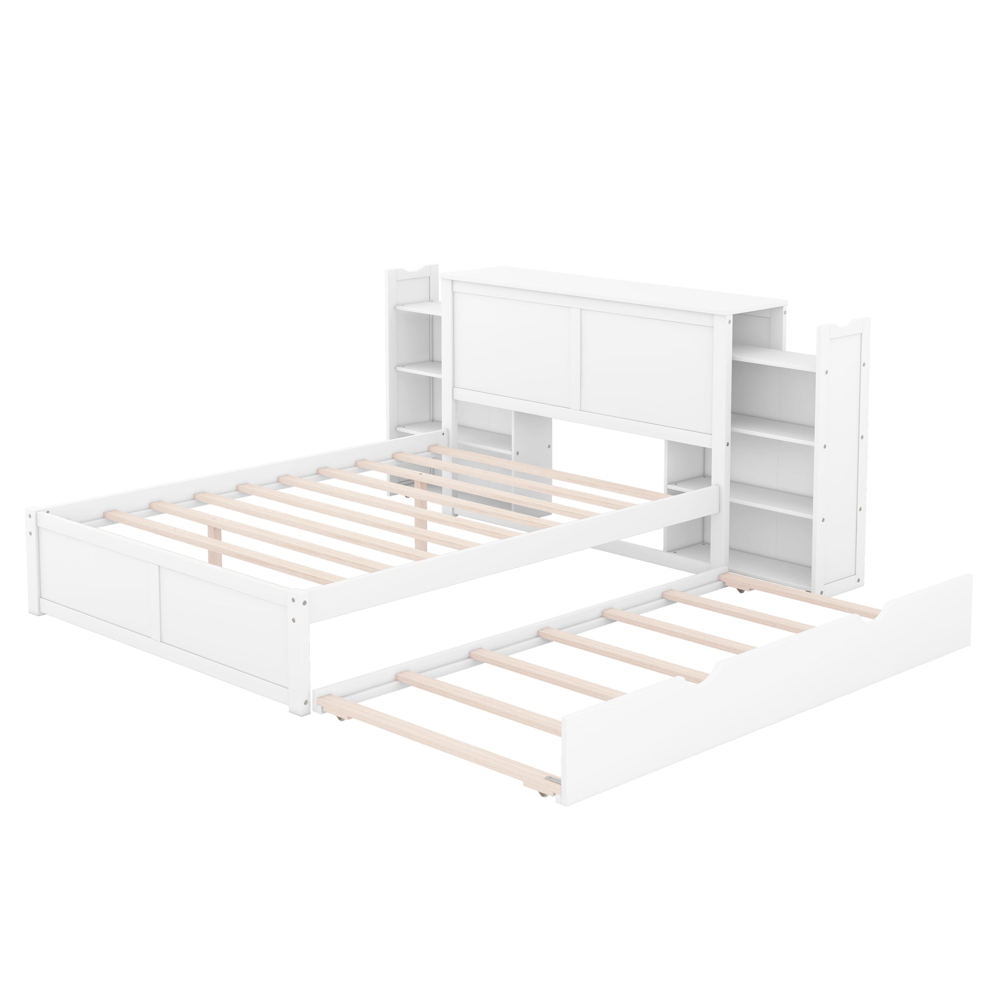 Full Size Storage Platform Bed With Pull Out Shelves And Twin Size Trundle, White White Solid Wood Mdf