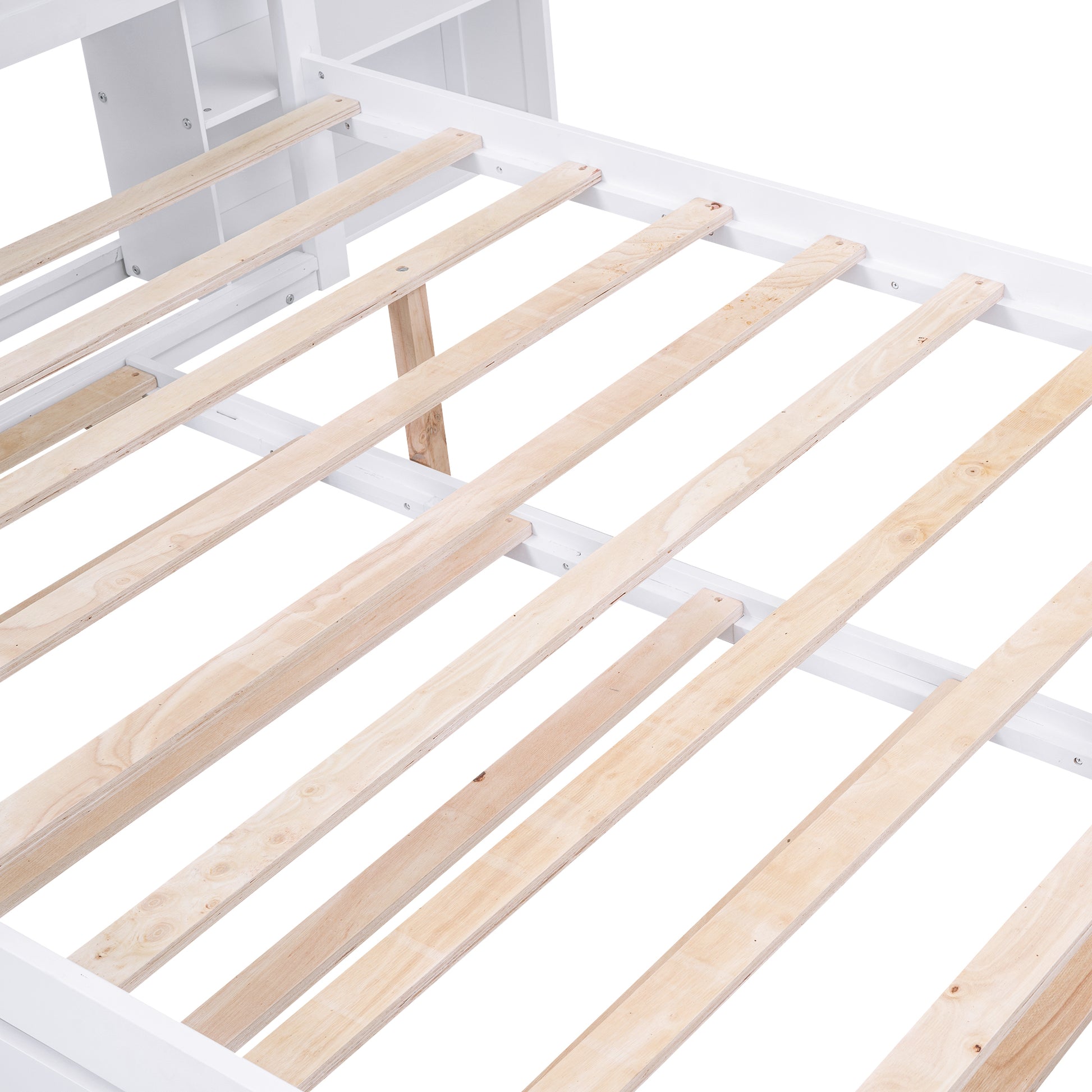 Full Size Storage Platform Bed With Pull Out Shelves And Twin Size Trundle, White White Solid Wood Mdf