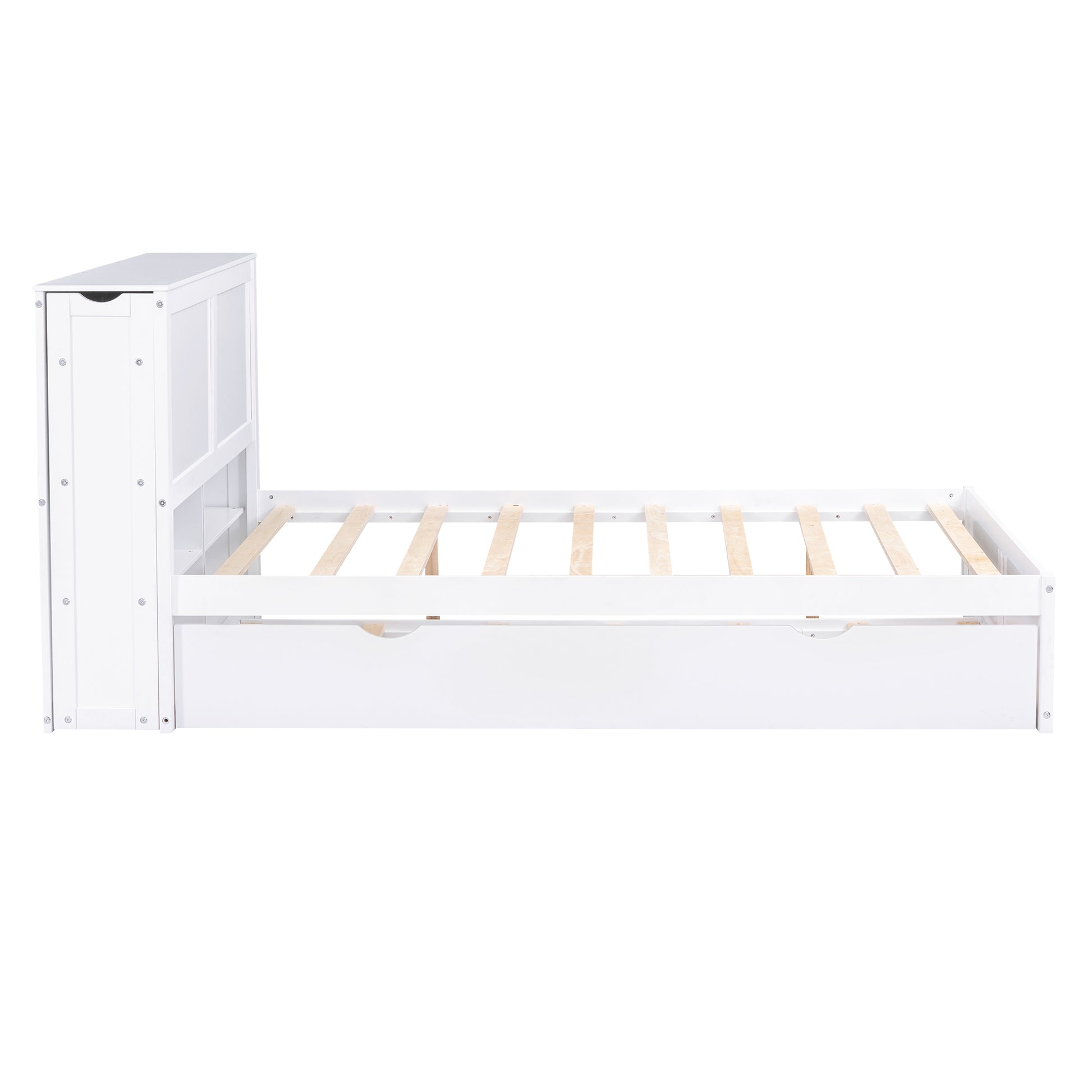 Full Size Storage Platform Bed With Pull Out Shelves And Twin Size Trundle, White White Solid Wood Mdf