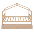 Twin Size Wooden House Bed With Drawers, Natural Natural Solid Wood Mdf