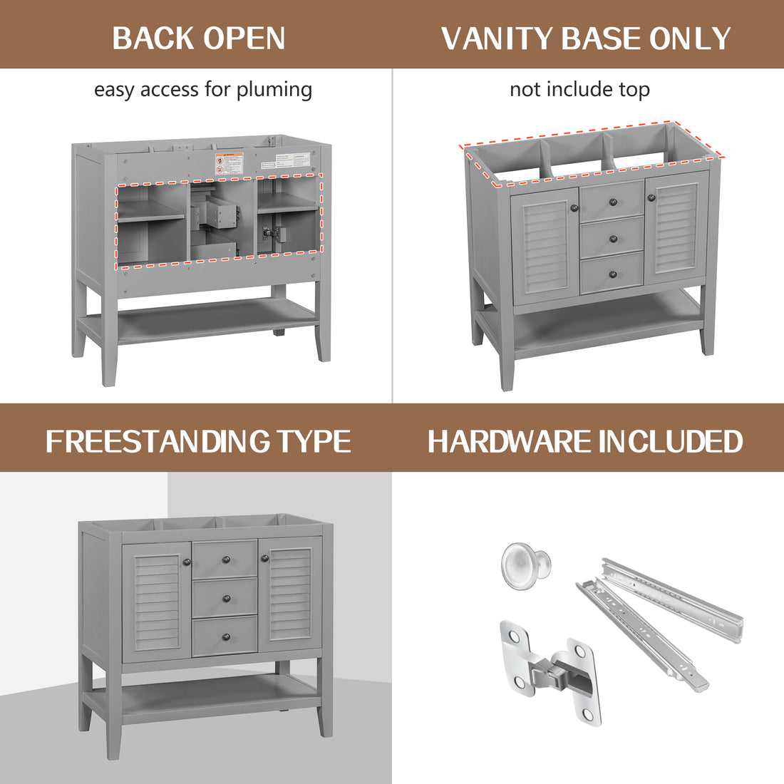 36" Bathroom Vanity Without Sink, Cabinet Base Only, Two Cabinets And Drawers, Open Shelf, Solid Wood Frame, Grey Grey Solid Wood Mdf
