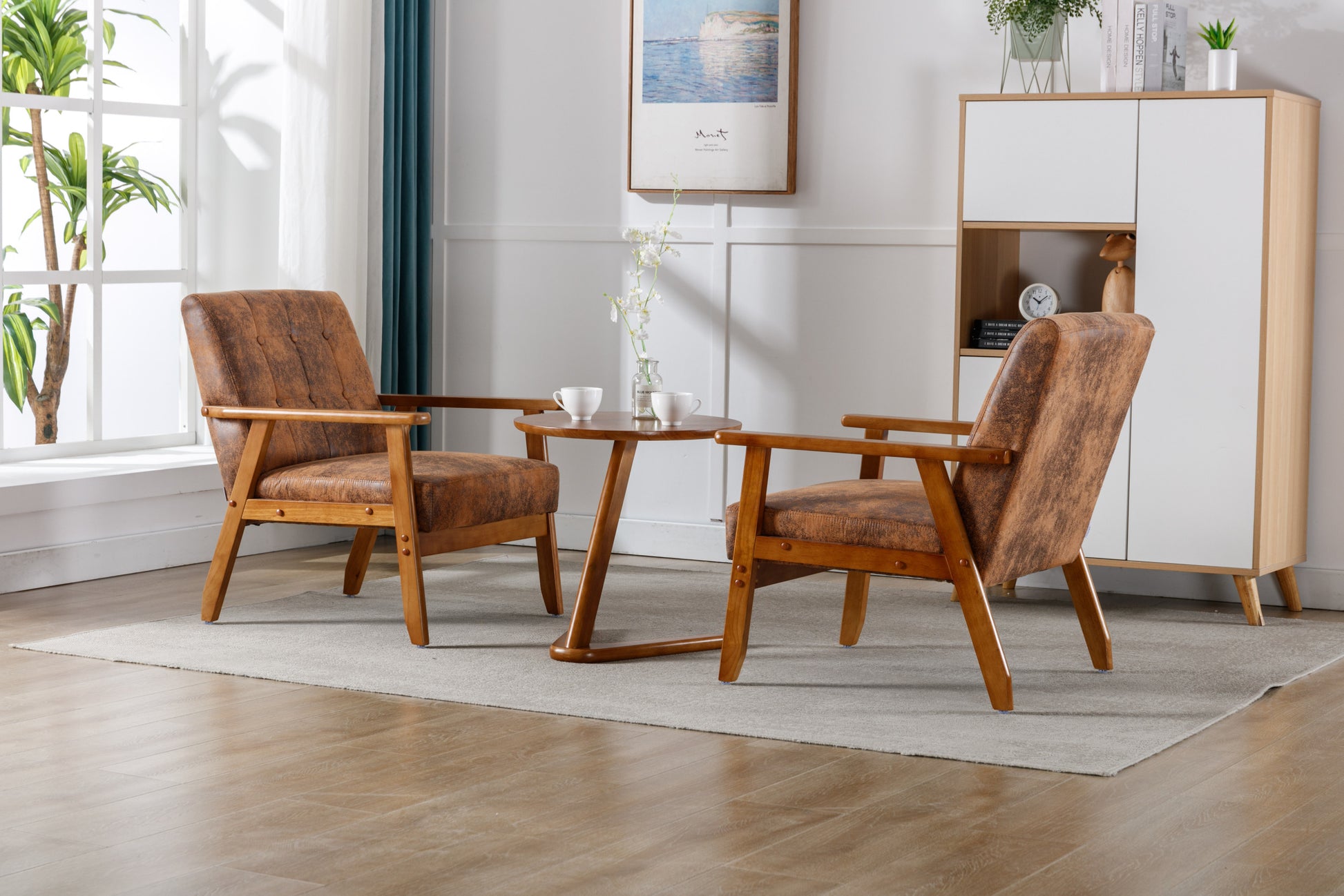 Accent Chairs Set Of 2 With Side Table, Mid Century Modern Accent Chair, Wood And Fabric Armchairs Side Chair, Lounge Reading Comfy Arm Chair For Living Room, Bedroom, Office Coffee Microsuede